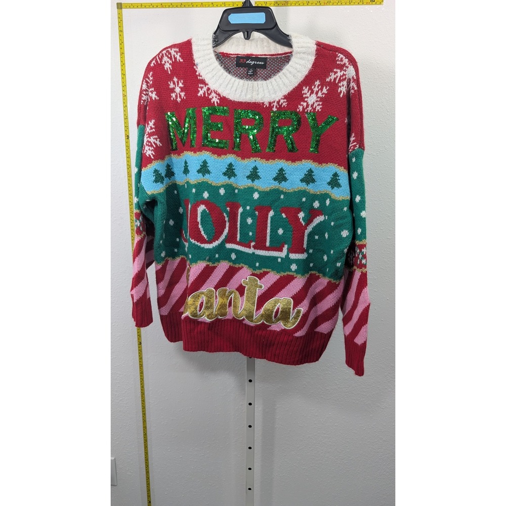 33 Degrees Merry Jolly Santa Ugly Christmas Sweater Red Sequin Womens Small